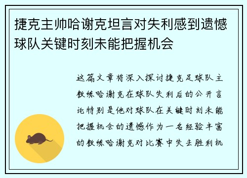 捷克主帅哈谢克坦言对失利感到遗憾球队关键时刻未能把握机会 捷克主帅哈谢克坦言对失利感到遗憾球队关键时刻未能把握机会